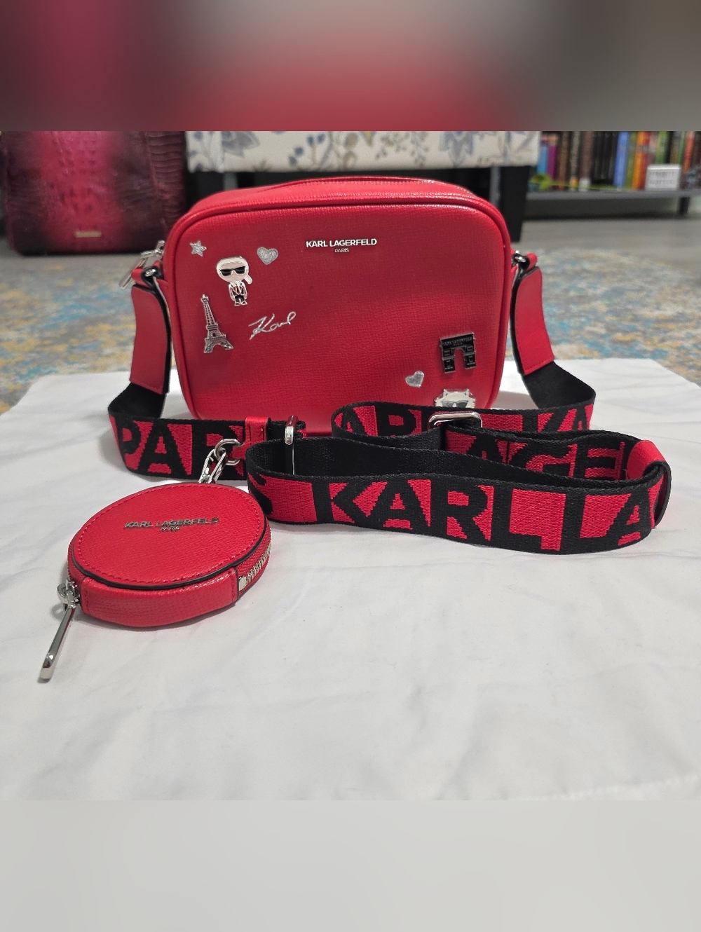 Karl Lagerfeld Red Camera Bag with Black Logo Strap and Coin Pouch